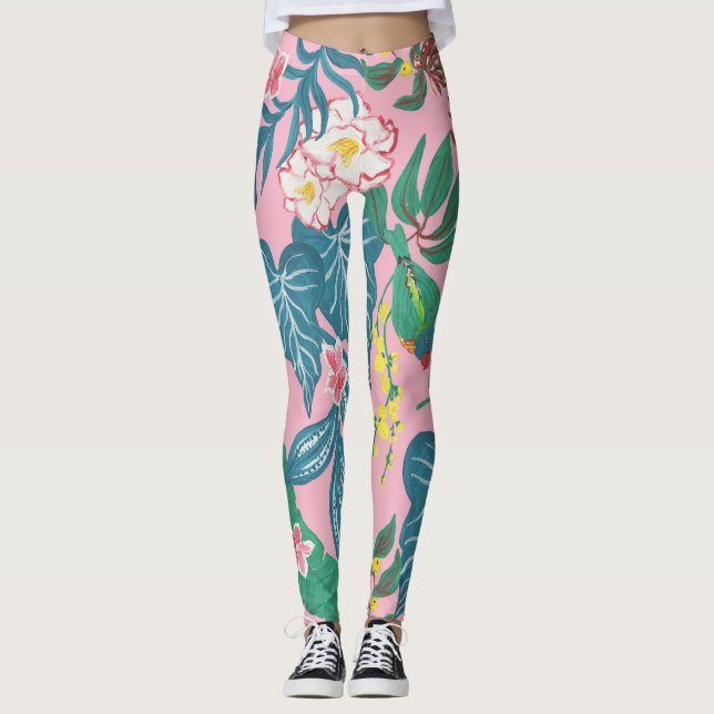 Abstrakte tropische Blume, Guache Malmuster Leggings (Vorderseite)