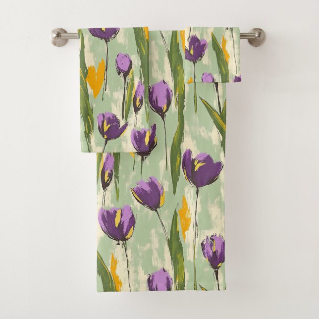 Abstrakte Tulip Blüten auf grünem Hintergrund Badhandtuch Set (Insitu)