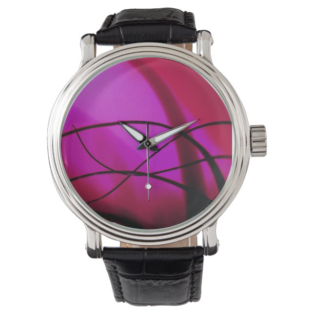 Abstrakte Uhr in leuchtendem Rosa und Schwarz (Vorderseite)