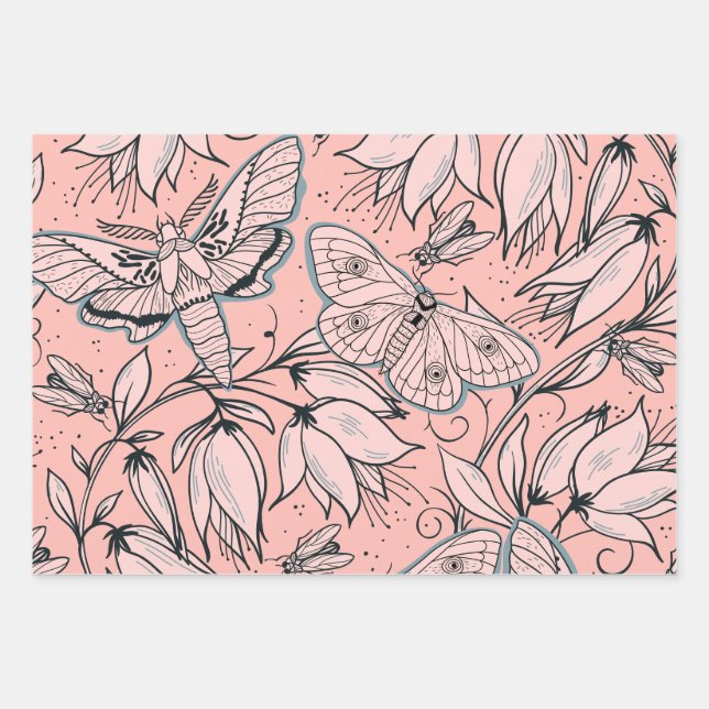 Abstrakte Vintage rosa Blume und Bug Geschenkpapier Set (Vorderseite)