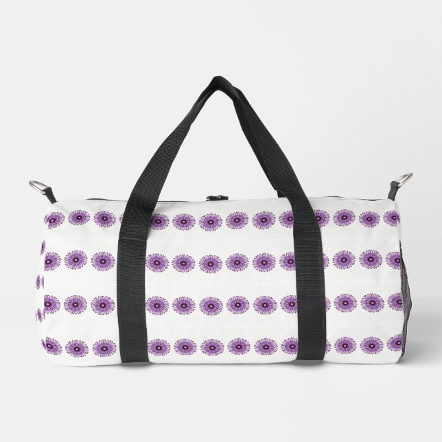 Abstrakte violette Blumen auf Weiß Duffle Bag (Vorderseite)