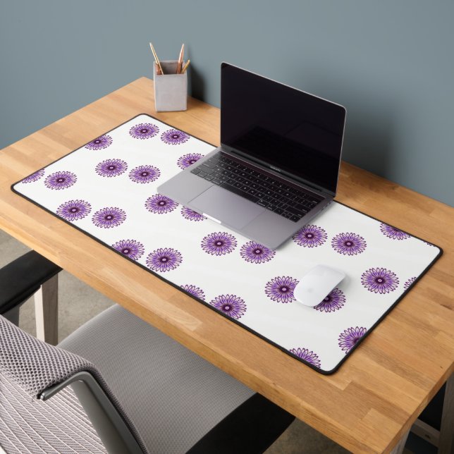 Abstrakte violette Blumenmuster auf Weiß Schreibtischunterlage (Büro 2)