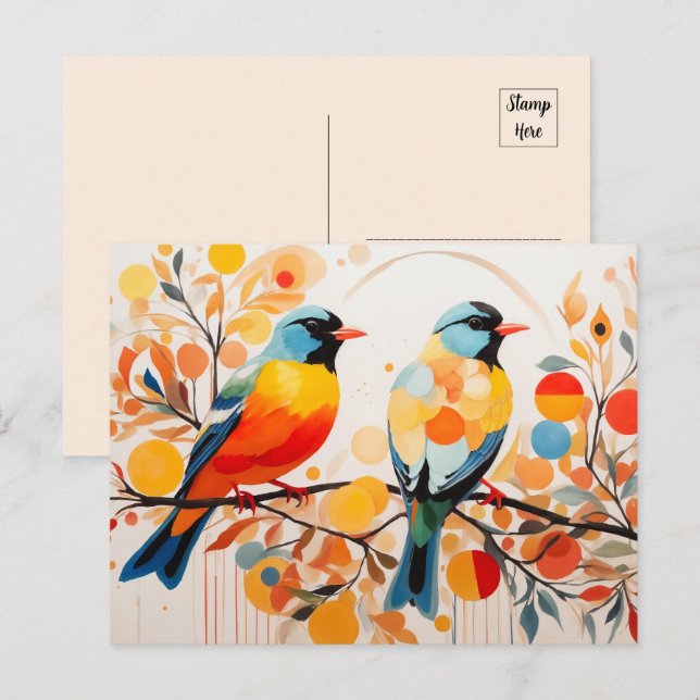 Abstrakte Vögel, die auf einem Zweig Stehend sind Postkarte (Vorne/Hinten)