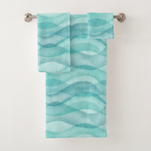 Abstrakte Wasserfarbenwellen, Türkis, Aqua Badhandtuch Set