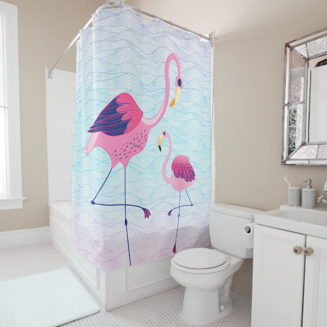Abstrakte Wasserwellen mit rosa Flamingos Duschvorhang (Beispiel)