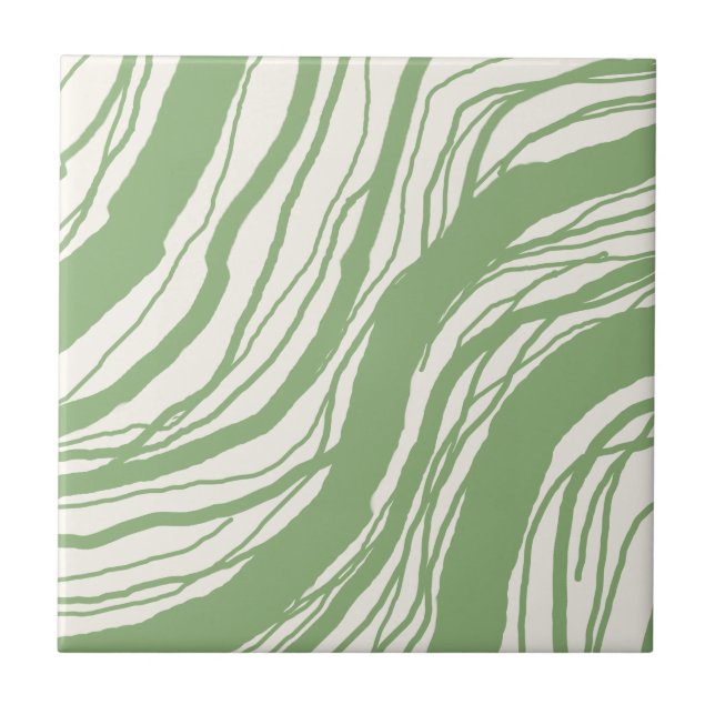 Abstrakte Wavy Lines Sage Green White Fliese (Vorderseite)