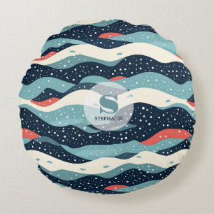 Abstrakte Wavy-Linien mit Schneeflockenpunkten Rundes Kissen