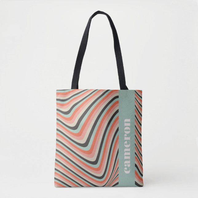 Abstrakte Wavy Stripes Aqua und Peach Personalisie Tasche (Vorderseite)