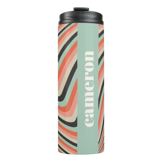 Abstrakte Wavy Stripes Aqua und Peach Personalisie Thermosbecher (Vorderseite)