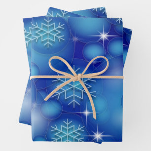 Abstrakte Weihnachtsblaue Kugeln und Schneeflocken Geschenkpapier Set