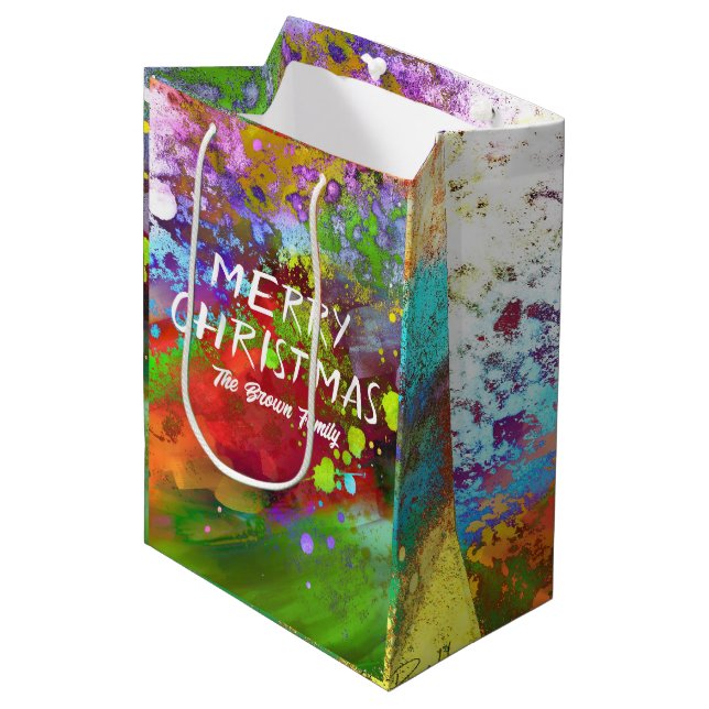 Abstrakte Weihnachtskunst Rot und Grün Mittlere Geschenktüte (Vorderseite Schrägansicht)