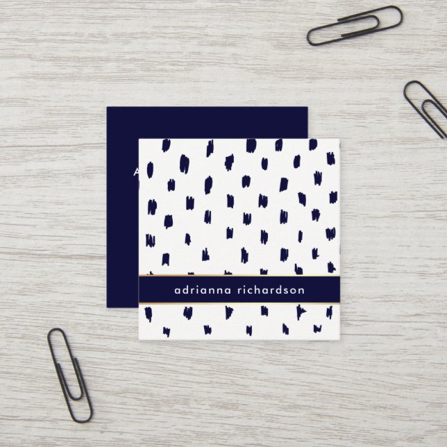 Abstrakte weiße Punkte auf Marine-Blau mit Gold Quadratische Visitenkarte (Vorderseite/Rückseite Beispiel)