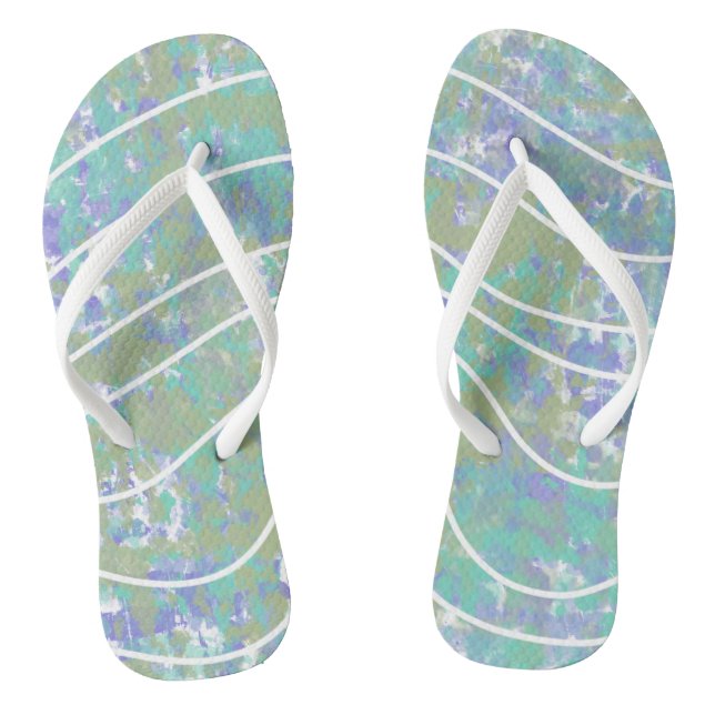 Abstrakte Weißwellen Grünes Aqua Lila Flip Flops (Fußbett)