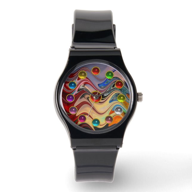 ABSTRAKTE WELLEN UND FARBIGE 3D-GEMSTONEN ARMBANDUHR (Vorderseite)