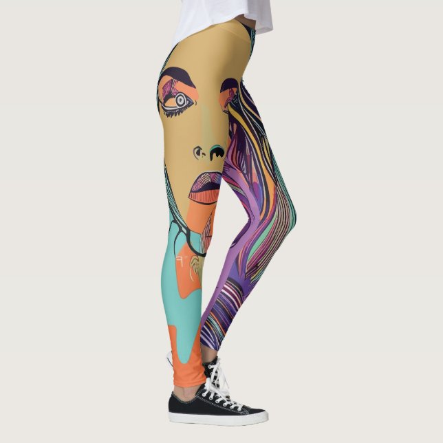Abstrakte Whimsical Face Farbenfrohe Künstlerische Leggings (Rechts)