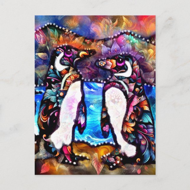Abstrakte Whimsical Pinguin Familie Blumenfarben Postkarte (Vorderseite)