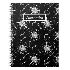 Abstrakte White Line Art Blume auf Black Notebook Notizblock
