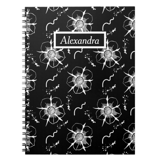 Abstrakte White Line Art Blume auf Black Notebook Notizblock (Vorderseite)