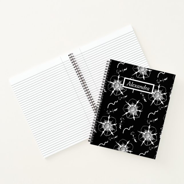 Abstrakte White Line Art Blume auf schwarz Notizbuch (Innenseite)