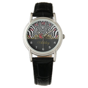 Abstrakte Zebra Blume Red Schwarz-weiß Gold       Armbanduhr
