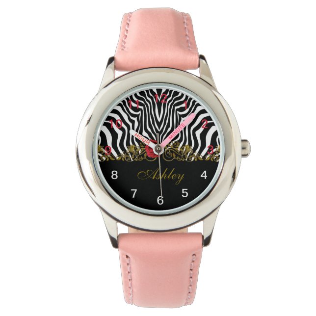 Abstrakte Zebra Blume Red Schwarz-weiß Gold Armbanduhr (Vorderseite)