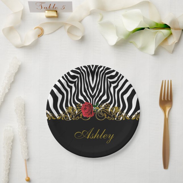 Abstrakte Zebra Blume Red Schwarz-weiß Gold        Pappteller (Hochzeit)