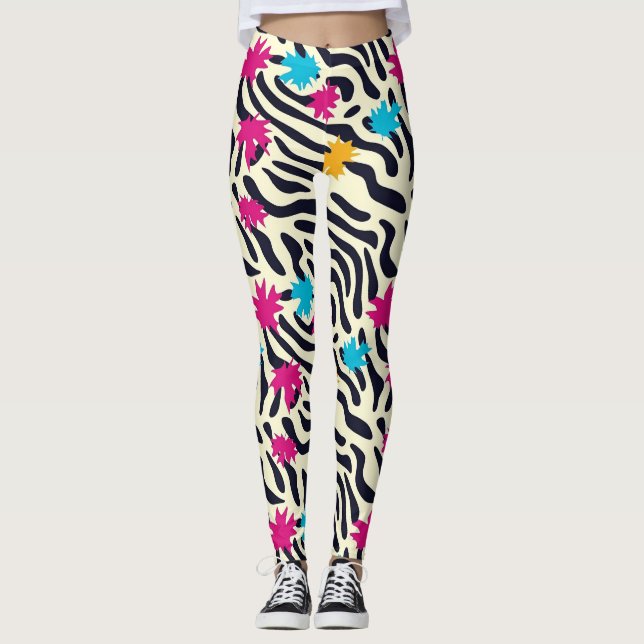 Abstrakte Zebra-Streifen mit Leaf Paint Splash Leggings (Vorderseite)