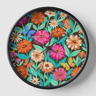 Abstrakte Zinnien Schmetterlinge Garten Kunst Uhre Uhr