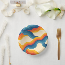 Abstrakter 70er Retro Orange Blue Wavy Strip Muste Pappteller