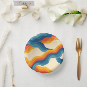 Abstrakter 70er Retro Orange Blue Wavy Strip Muste Pappteller