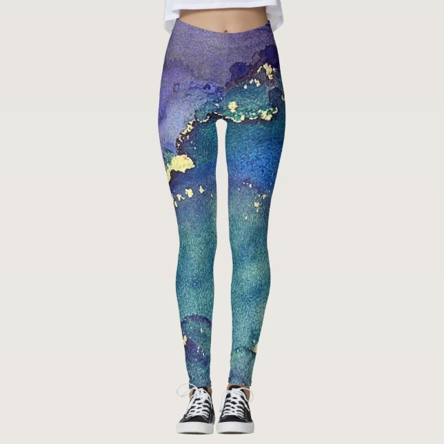 Abstrakter Alkohol Tinte Green Lila Blue & Gold Leggings (Vorderseite)