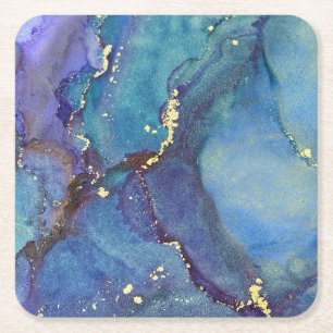 Abstrakter Alkohol Tinte Green Lila Blue & Gold Rechteckiger Pappuntersetzer