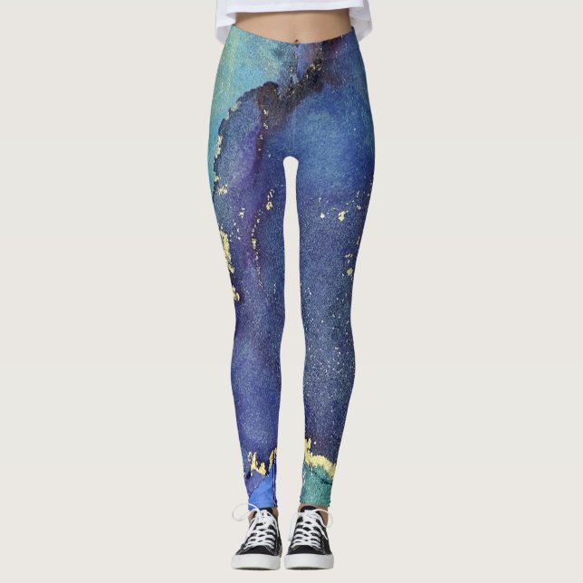 Abstrakter Alkohol Tinte Rich Blue Gold Leggings (Vorderseite)