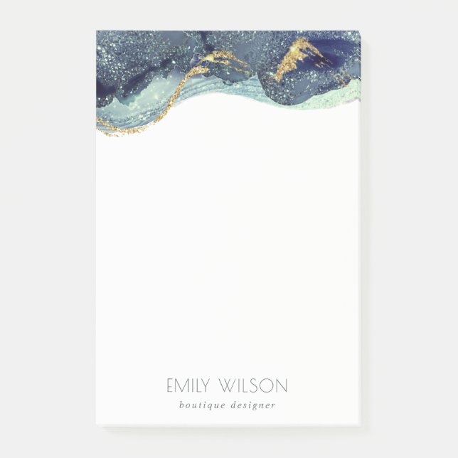 Abstrakter Alkoholtink Silver Navy Blue Glitzer Post-it Klebezettel (Vorderseite)