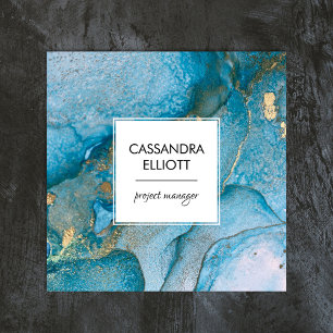 Abstrakter Aquamariner Blue & Gold Alkohol Tinte F Quadratische Visitenkarte