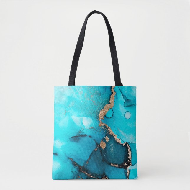 Abstrakter Aquamariner Goldgruß Alkohol Tinte Orig Tasche (Vorderseite)