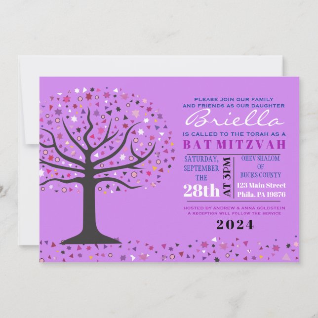 Abstrakter Baum Bat Mitzvah Lila Einladung (Vorderseite)