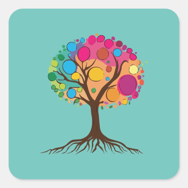 Abstrakter Baum mit Wurzeln und bunten Blätter. Quadratischer Aufkleber (Vorderseite)