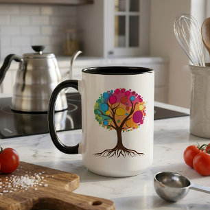 Abstrakter Baum mit Wurzeln und bunten Blätter. Tasse