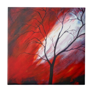 Abstrakter Baum und Roter Himmel Fliese