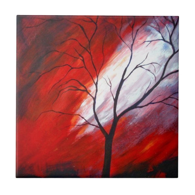 Abstrakter Baum und Roter Himmel Fliese (Vorderseite)