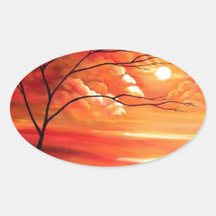 Abstrakter Baum und Roter Sonnenuntergang Ovaler Aufkleber