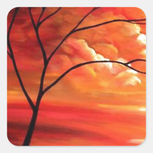 Abstrakter Baum und Roter Sonnenuntergang Quadratischer Aufkleber