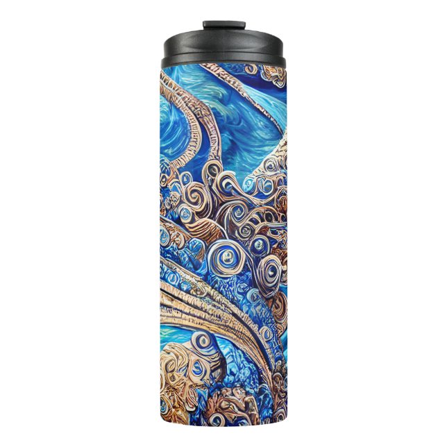 Abstrakter Blaue Ozeane Wellen Verzierter Surreali Thermosbecher (Vorderseite)