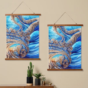 Abstrakter Blaue Ozeane Wellen Verzierter Surreali Wandteppich Mit Holzrahmen