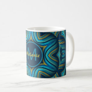 Abstrakter blauer gelber verzierter Mandala person Kaffeetasse