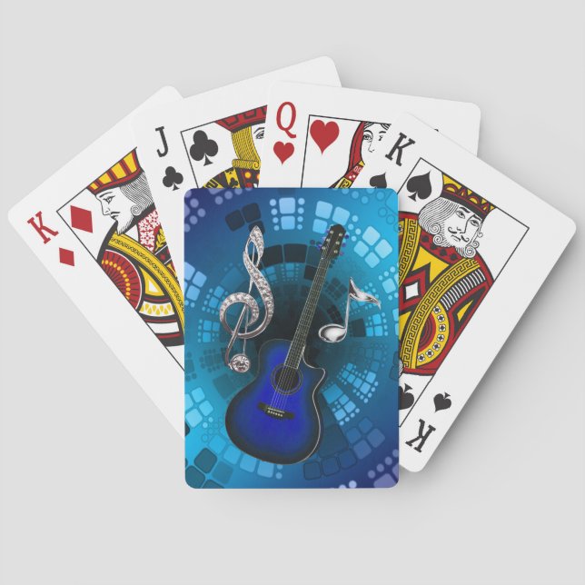 Abstrakter blauer Gitarren-Silber-Musiknoten Spielkarten (Rückseite)