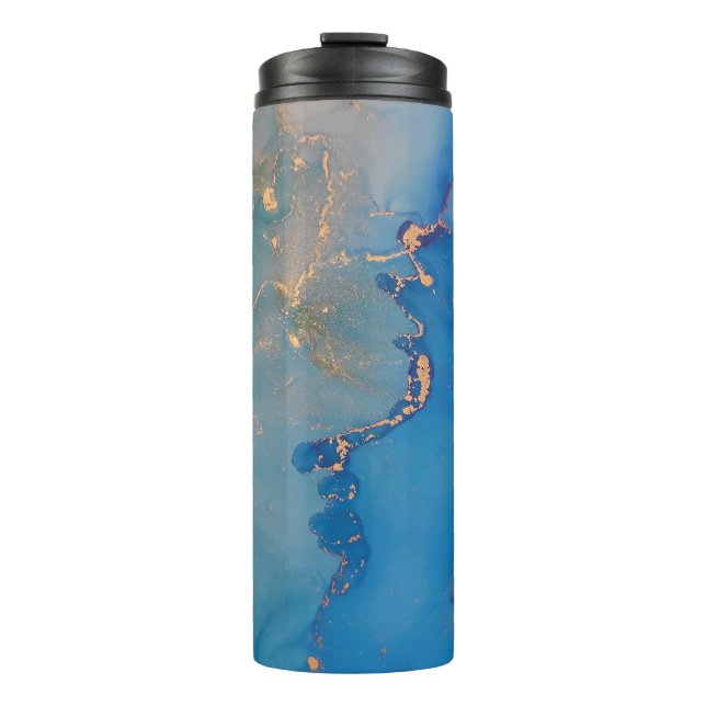Abstrakter blauer Marmor mit Glitzer Thermosbecher (Vorderseite)