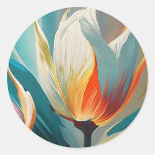 Abstrakter Blumenschimmer in Türkis und Orange Runder Aufkleber
