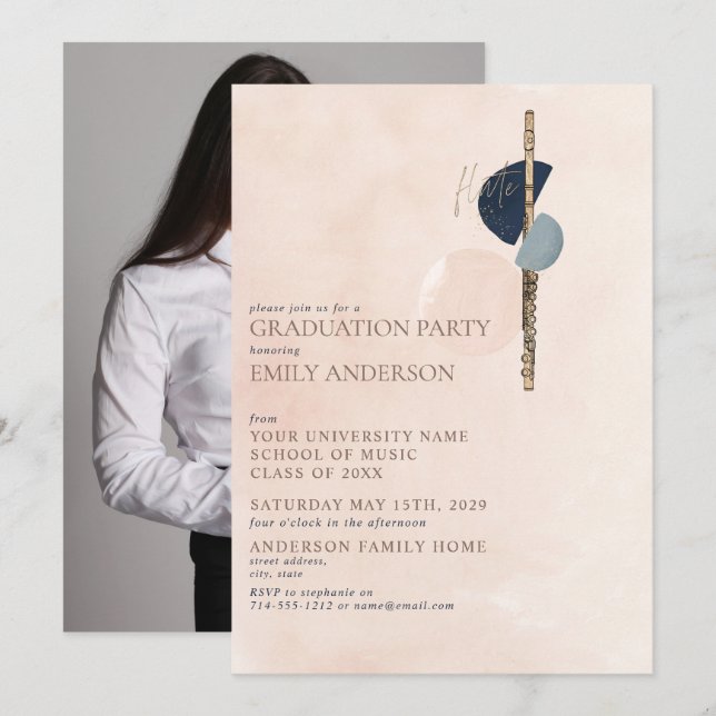 Abstrakter Blush Pink Gold Flute Foto Abschluss Einladung (Vorne/Hinten)